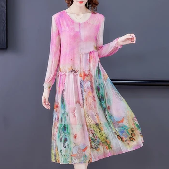 Roza Cvetlični Mulberry Svile Plaži Midi Obleke Pomlad Poletje Svoboden M - 4XL Plus Velikost DressWomen visoka kakovost, Elegantna Stranke Vestidos