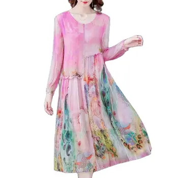 Roza Cvetlični Mulberry Svile Plaži Midi Obleke Pomlad Poletje Svoboden M - 4XL Plus Velikost DressWomen visoka kakovost, Elegantna Stranke Vestidos