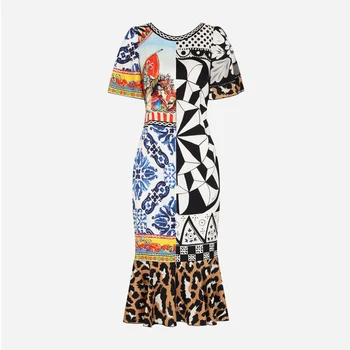 2021 novo poletno obleko modro-in-belega porcelana Leopard bojevnik natisnjeni ženske slim obleko design Sicilia slim obleko