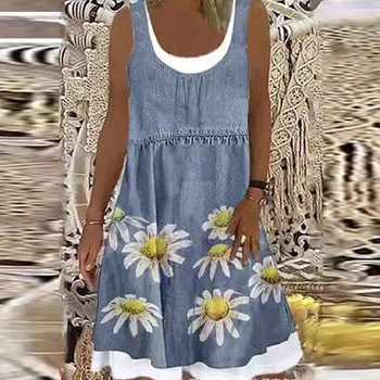 Vintage Sončnično Tiskanja Tunika A-Line Oblačenja Žensk 2021 Poletje Priložnostne Kvadratnih Ovratnik Brez Rokavov Mini Obleka Ženske Ohlapno Obleko Plaži