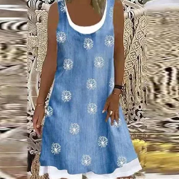 Vintage Sončnično Tiskanja Tunika A-Line Oblačenja Žensk 2021 Poletje Priložnostne Kvadratnih Ovratnik Brez Rokavov Mini Obleka Ženske Ohlapno Obleko Plaži