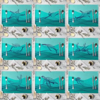 Ocean Vzorec Tabela Mat Seahorse Dolphin Zvezda Placemat Pijačo Železnica Bombaž Perilo Blazine Pokal Preproge Doma Dekor