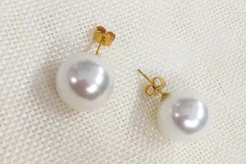 10 mm belo lupino pearl Ženske, Nakit zlato Stud Uhani, okrogle biseri Naravne Južna Morja Lupine Biser