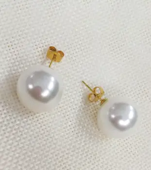 10 mm belo lupino pearl Ženske, Nakit zlato Stud Uhani, okrogle biseri Naravne Južna Morja Lupine Biser