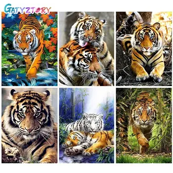 GATYZTORY Barvo S Številko Tiger Oljno Slikarstvo, Umetnost Vrata Živali Kompleti Moderne Stenske Umetnin, DIY, Barvanje S Številko
