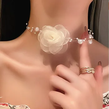 Korejski Modno Osebnost Modna Ogrlica Poletje Novo Gaza Cvet Pearl Choker Ogrlice Čipke Cvet Design Ženske, Nakit