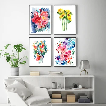 Povzetek Cvetlični Akvarel Listi Wall Art Platno, Slikarsko, Sončnic, Tiskanje Plakatov Velik Šopek Slike Nordijska Dnevna Soba Dekor