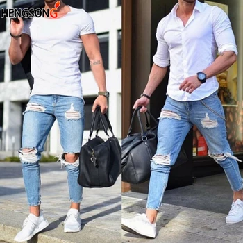 Moške Jeans Stretch Uničeno Raztrgala Modno Oblikovanje Gleženj Hlače Zadrgo Skinny Jeans Za Moške Nova