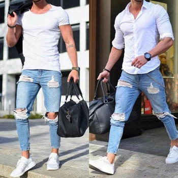 Moške Jeans Stretch Uničeno Raztrgala Modno Oblikovanje Gleženj Hlače Zadrgo Skinny Jeans Za Moške Nova