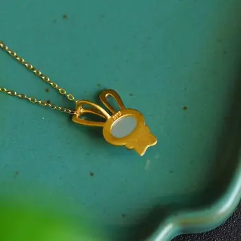 Oblikovalec kreativen stari zlato izdelave vdelan zajec, naravni Hetian jade ogrlico, obesek, ljubka lady nakit