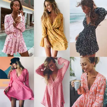 Moda Za Ženske Poletni Cvetlični Dolg Rokav Obleka Za Poletje Plaža Sundress Style Polka Dot Proti-Vrat Obleke