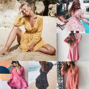 Moda Za Ženske Poletni Cvetlični Dolg Rokav Obleka Za Poletje Plaža Sundress Style Polka Dot Proti-Vrat Obleke
