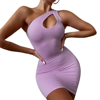 Ženske Mini Obleka Iz Votlih Eno Ramo Bodycon 2021 Nov Vroč Modni Stil Slim Suhi, Trdni Stretchy Poletne Obleke Ženska Nova