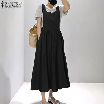 Vintage Splošno Obleko Žensk Poletje Sundress ZANZEA 2021 Priložnostne Kvadratnih Vratu Midi Vestidos Ženski Trdna Haljo Femme