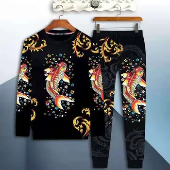 Novo moško Obleko Jeseni Dolge Hlače Rokavi T-Shirt Modni Trend 3D Tiskanje Kitajski Slog Priložnostne Svoboden Velikosti Elegantno Obleko