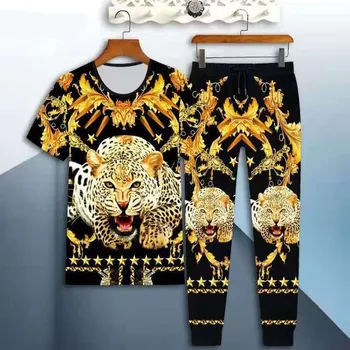 Novo moško Obleko Jeseni Dolge Hlače Rokavi T-Shirt Modni Trend 3D Tiskanje Kitajski Slog Priložnostne Svoboden Velikosti Elegantno Obleko