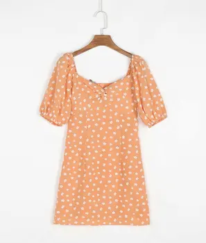 Boho Mini Obleka Cvjetnim Tiskanja Vintage Obleko Ženske Puff Rokav Oranžna Kratko Poletje Obleko Bowknot Cvet