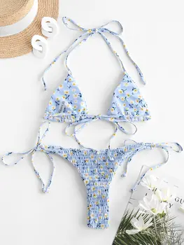 ZAFUL Ditsy Tiskanja Povodcem Bikini Komplet Oblazinjeni Kopalke Ženske Cvetlični Niz Tie Brazilski Kopalke Plažo Seksi Femme kopalke