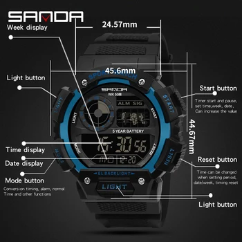 SANDA 2021 Mens Ure Šport Vojaške Straže Večfunkcijsko vodoodporna LED Digitalno uro za Moške Ure Relogios Masculino 6009