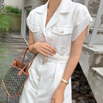Korejpaa Ženske obleke 2021summer Koreja Retro Chic Elegantno Odhaja River Multi Pocket Design Sponke Kratek Rokav Obleke s Pasom