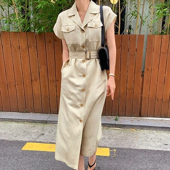 Korejpaa Ženske obleke 2021summer Koreja Retro Chic Elegantno Odhaja River Multi Pocket Design Sponke Kratek Rokav Obleke s Pasom