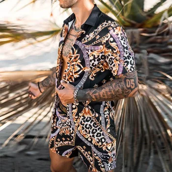Moški Modni Hawaiian Določa Tiskanje 2021 Poletje Kratek Rokav Gumb Majica Plaža Hlače Ulične Mens Priložnostne Obleko, 2 Kosa S-3XL