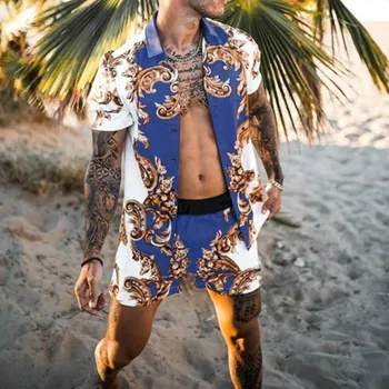 Moški Modni Hawaiian Določa Tiskanje 2021 Poletje Kratek Rokav Gumb Majica Plaža Hlače Ulične Mens Priložnostne Obleko, 2 Kosa S-3XL