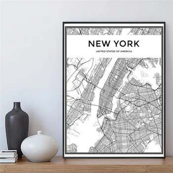 Črno Beli Svet, Zemljevid Mesta Platno Plakat New Yorku, Londonu, Parizu, Tokiu Line Wall Art Tisk Slikarstvo Nordijska Minimalističen Doma Dekor