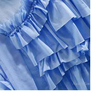 Nepravilna Sladko Naguban Ruffles Šivi Krog Vratu Kratek Sleeve Majica s kratkimi rokavi Ženske Izgubijo Vse-Ujemanje Vrhovi Modra Bela Tees