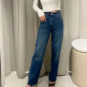 2021 poletje žensk korejski priložnostne bombaž stiski blue jeans široko noge hlače naravnost visoka vitka svoboden boki so bile tanke