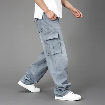 Jeans Moški Spomladi Nova Velika velikost Wide-leg kavbojke Moški Izgubijo velike Žepe Kombinezon Hip-Hop naravnost Traper hlače Jeans za Moške