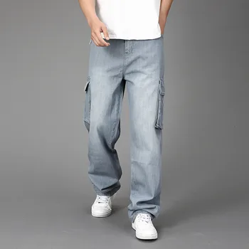 Jeans Moški Spomladi Nova Velika velikost Wide-leg kavbojke Moški Izgubijo velike Žepe Kombinezon Hip-Hop naravnost Traper hlače Jeans za Moške
