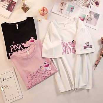 Majice Za Ženske, Bombaž, Kratke Rokave Pink Panther Tiskanje Vrh Tees Ženske Risanka Majice s kratkimi rokavi Ženske Poletje Priložnostne T-shirt