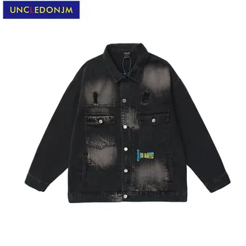 UNCLEDONJM Stiski black denim jakna moški modni High Street Mestne ulične moške jeans jakno 2021 plašč moški VEN-2057
