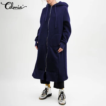 Celmia Pozimi Hoodies Majica Ženske Zadrgo Coats Hooded Long Sleeve Solid Priložnostne Runo Outwear Svoboden Prevelik Dolge Jakne