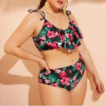 Seksi Ruffle Cvjetnim Tiskanja Ženske Bikini Kopalke 2021 Plus Velikost Kopalne Obleke Plaža Obrabe, Visoko Pasu Tankini Velika, Plavanje Obleko