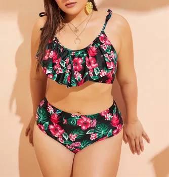 Seksi Ruffle Cvjetnim Tiskanja Ženske Bikini Kopalke 2021 Plus Velikost Kopalne Obleke Plaža Obrabe, Visoko Pasu Tankini Velika, Plavanje Obleko
